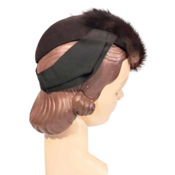 1940s Genuine Vintage Small Brown Tilt Style Hat With Mink Fur Trim - Picture 5 of 6